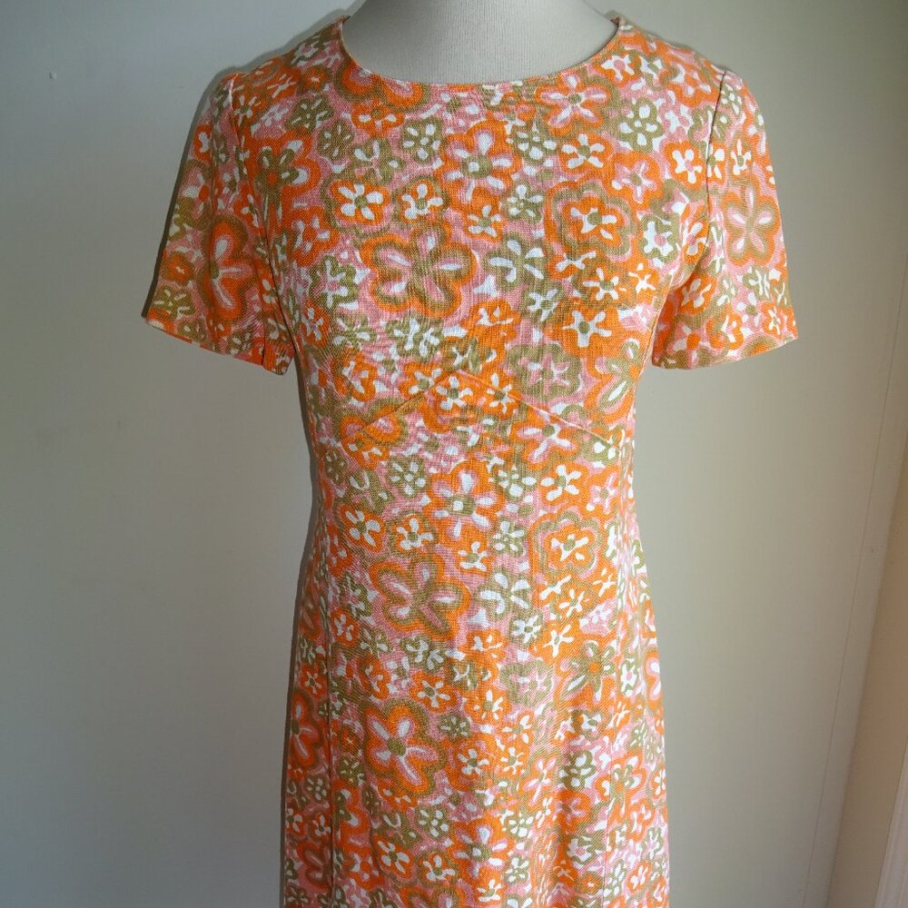 Vintage 1960s Barkcloth ? Day Dress S M Orange Green Flower Power Flowers Floral